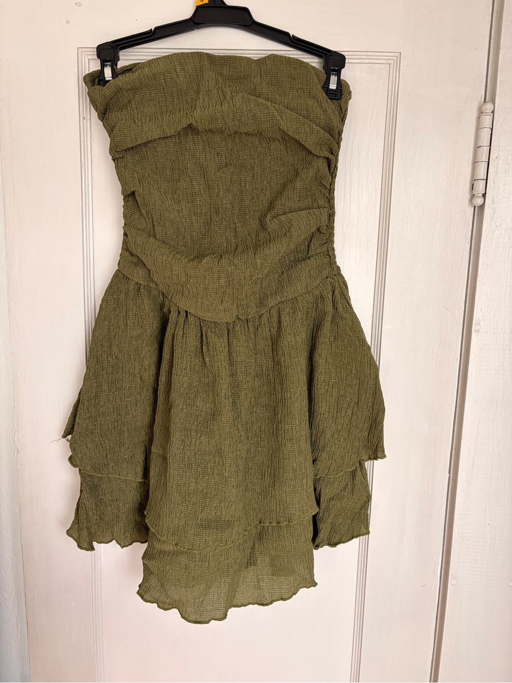 Amazon Olive Green Strapless Layered Mini Dress